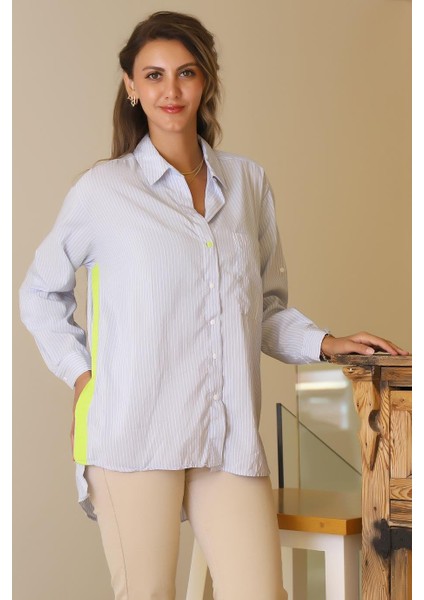 Arkası Uzun Çizgili Mavi Kadın Gömlek 3480-2Y5 modelleri