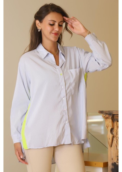 Arkası Uzun Çizgili Mavi Kadın Gömlek 3480-2Y5 fırsatları
