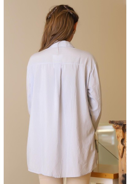 Arkası Uzun Çizgili Mavi Kadın Gömlek 3480-2Y5 indirimleri