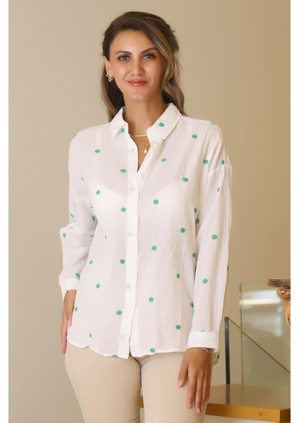 Yeşil Puantiyeli Uzun Kollu Kadın Gömlek 4013-2Y5