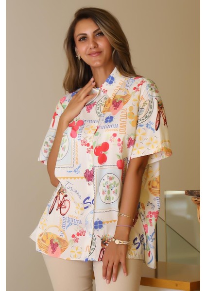 Kısa Kollu Desenli Bej Kadın Gömlek 00334-2Y5