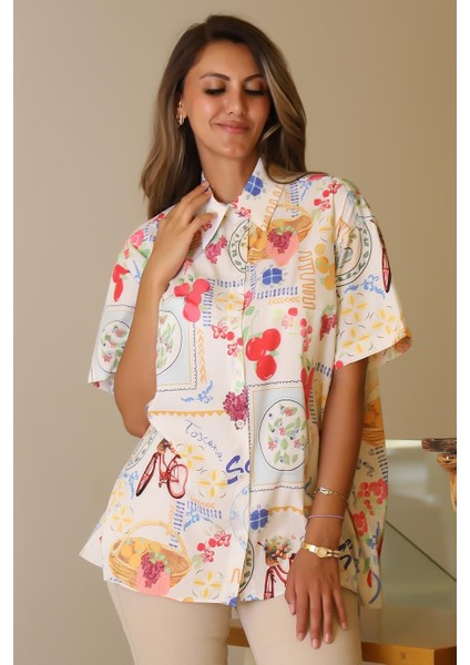 Kısa Kollu Desenli Bej Kadın Gömlek 00334-2Y5 fiyatları