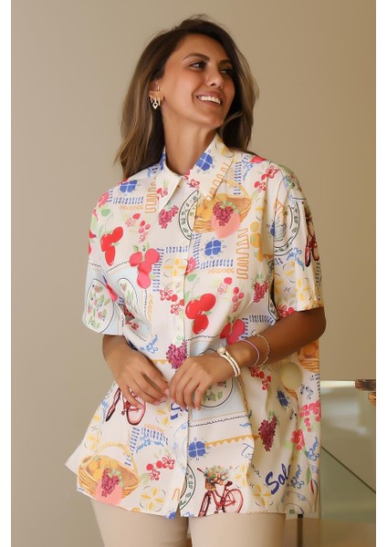 Kısa Kollu Desenli Bej Kadın Gömlek 00334-2Y5 modelleri