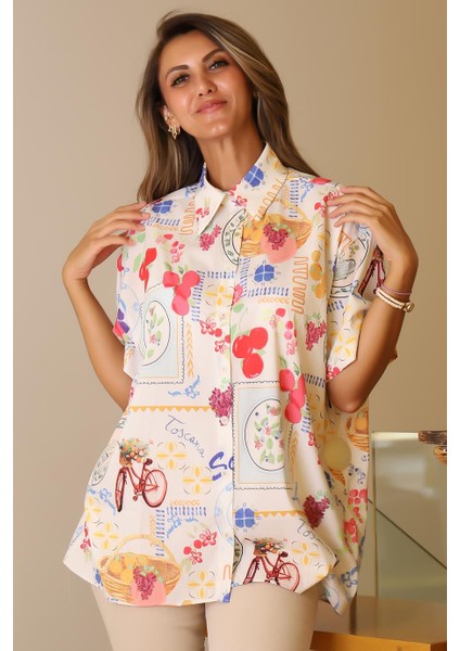Kısa Kollu Desenli Bej Kadın Gömlek 00334-2Y5 fırsatları