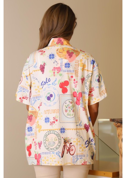 Kısa Kollu Desenli Bej Kadın Gömlek 00334-2Y5 indirimleri