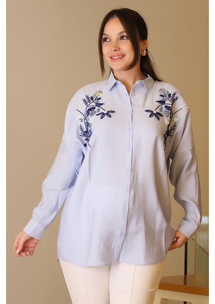 Mavi Pul ve Boncuk Işlemeli Uzun Kollu Kadın Gömlek 4488-2Y5