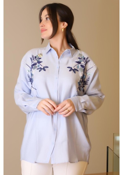 Mavi Pul ve Boncuk Işlemeli Uzun Kollu Kadın Gömlek 4488-2Y5 fiyatları