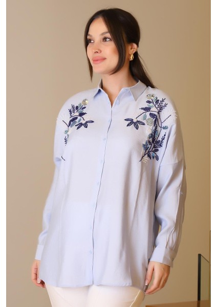 Mavi Pul ve Boncuk Işlemeli Uzun Kollu Kadın Gömlek 4488-2Y5 modelleri