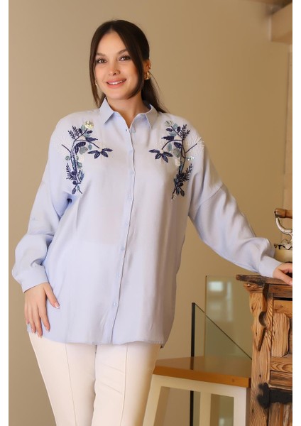 Mavi Pul ve Boncuk Işlemeli Uzun Kollu Kadın Gömlek 4488-2Y5 fırsatları