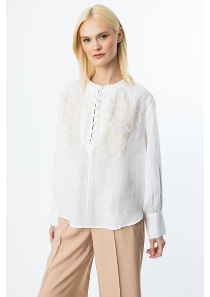 Önü Düğmeli Işlemeli Keten Ekru Kadın Bluz 3926-2Y5 fiyatları