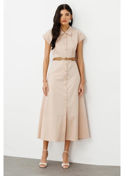 Beli Kemerli Düğmeli Bej Kadın Elbise 5076-2Y5