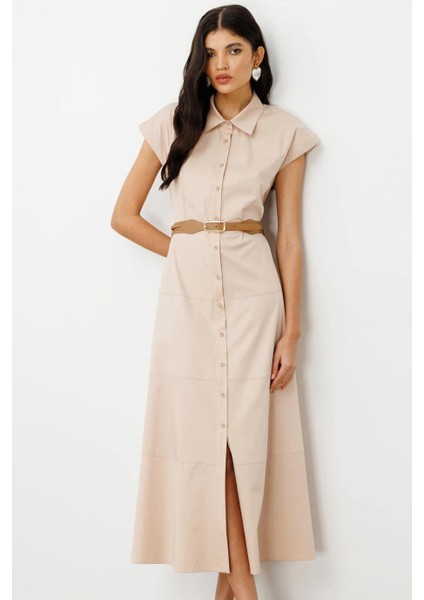 Beli Kemerli Düğmeli Bej Kadın Elbise 5076-2Y5 fiyatları