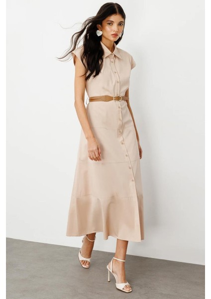 Beli Kemerli Düğmeli Bej Kadın Elbise 5076-2Y5 modelleri