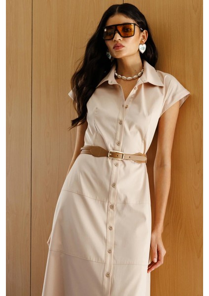 Beli Kemerli Düğmeli Bej Kadın Elbise 5076-2Y5 fırsatları