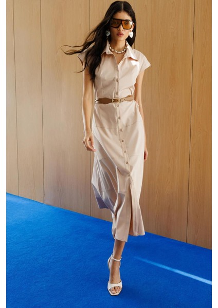 Beli Kemerli Düğmeli Bej Kadın Elbise 5076-2Y5 indirimleri