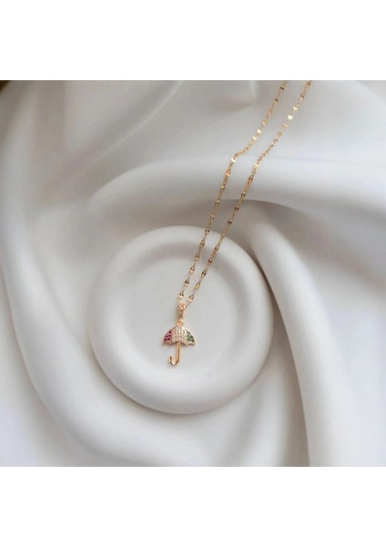 Şemsiye Figürlü Gold Renkli Çelik Tasarım Kolye