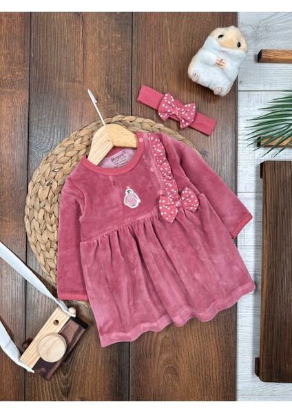 Organik Sertifikalı Bandanalı Fiyonk Detaylı Panda Nakışlı Kadife 2li Kız Bebek Elbise