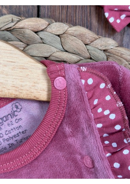 Organik Sertifikalı Bandanalı Fiyonk Detaylı Panda Nakışlı Kadife 2li Kız Bebek Elbise modelleri