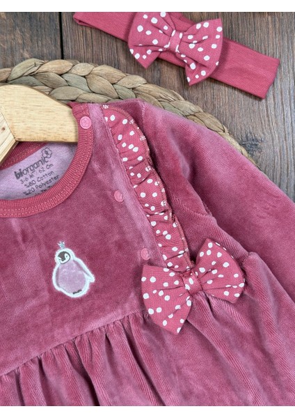Organik Sertifikalı Bandanalı Fiyonk Detaylı Panda Nakışlı Kadife 2li Kız Bebek Elbise indirimleri