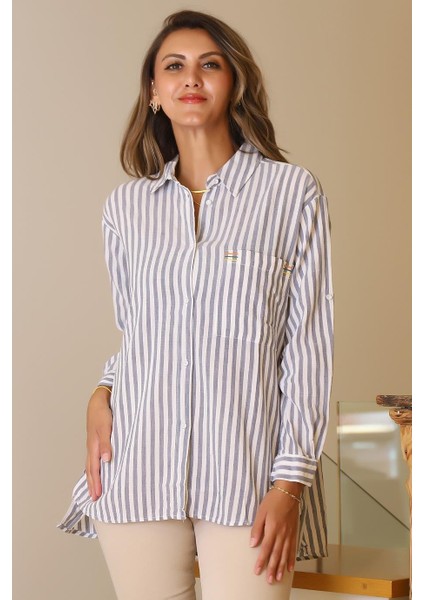 Arkası Uzun Çizgili Laci Kadın Gömlek 4245-2Y5