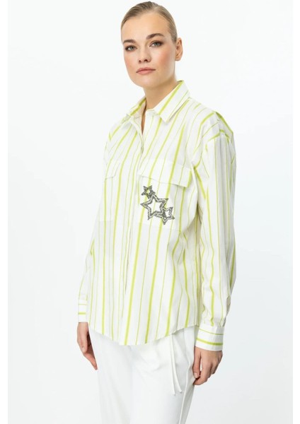 Yıldız Detaylı Çizgili Fıstık Kadın Gömlek 56300-2Y5