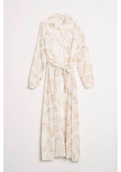 Gömlek Yaka Kemerlı Uzun Ekru Kadın Elbise M38363-2Y5