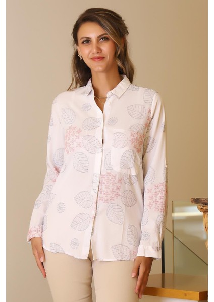 Yaprak Desenli Kırmızı Laci Kadın Gömlek 4388-2Y5