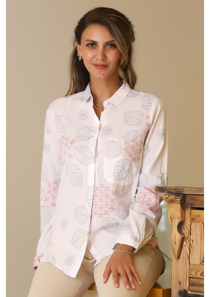 Yaprak Desenli Kırmızı Laci Kadın Gömlek 4388-2Y5 modelleri