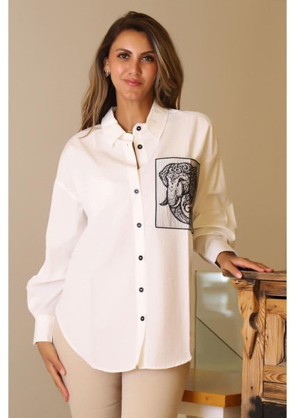 Fil Baskılı Uzun Kollu Ekru Kadın Gömlek 29591-2Y5