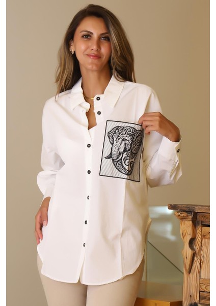 Fil Baskılı Uzun Kollu Ekru Kadın Gömlek 29591-2Y5 fiyatları