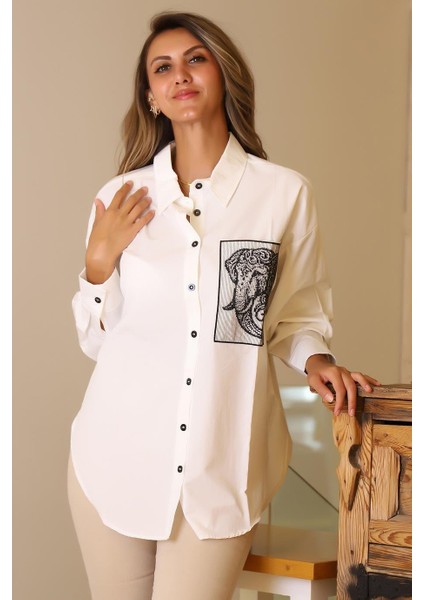 Fil Baskılı Uzun Kollu Ekru Kadın Gömlek 29591-2Y5 modelleri