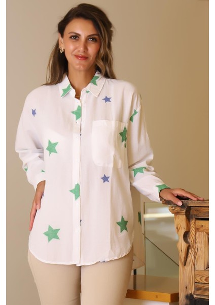 Yıldız Baskılı Cepli Yeşil Kadın Gömlek 4078-2Y5