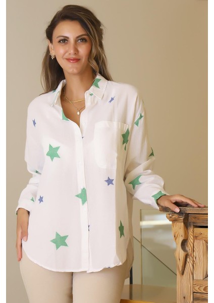 Yıldız Baskılı Cepli Yeşil Kadın Gömlek 4078-2Y5 fiyatları