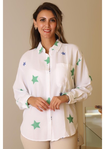 Yıldız Baskılı Cepli Yeşil Kadın Gömlek 4078-2Y5 modelleri