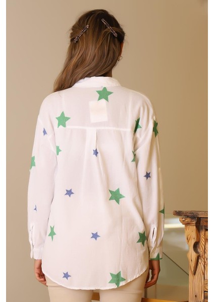 Yıldız Baskılı Cepli Yeşil Kadın Gömlek 4078-2Y5 fırsatları