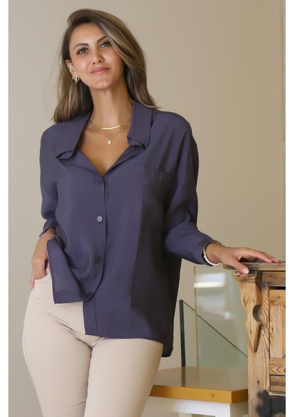 Uzun Kollu Cepli Antrasit Kadın Gömlek 0571-2Y5