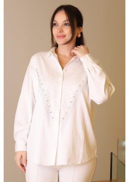 Ekru Uzun Kollu Zincir Işlemeli Kadın Gömlek 4703-2Y5