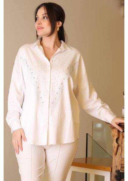 Ekru Uzun Kollu Zincir Işlemeli Kadın Gömlek 4703-2Y5 fiyatları