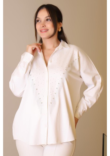 Ekru Uzun Kollu Zincir Işlemeli Kadın Gömlek 4703-2Y5 modelleri