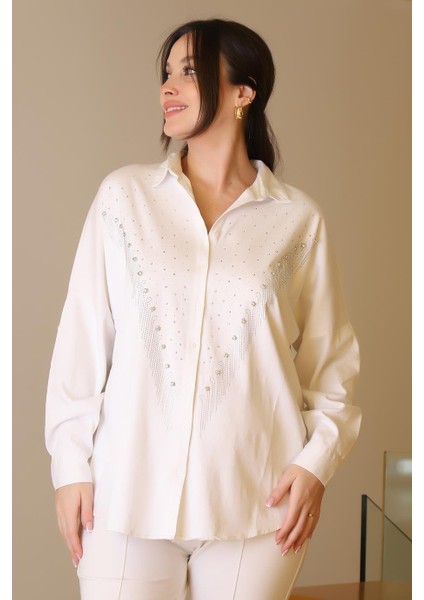 Ekru Uzun Kollu Zincir Işlemeli Kadın Gömlek 4703-2Y5 fırsatları