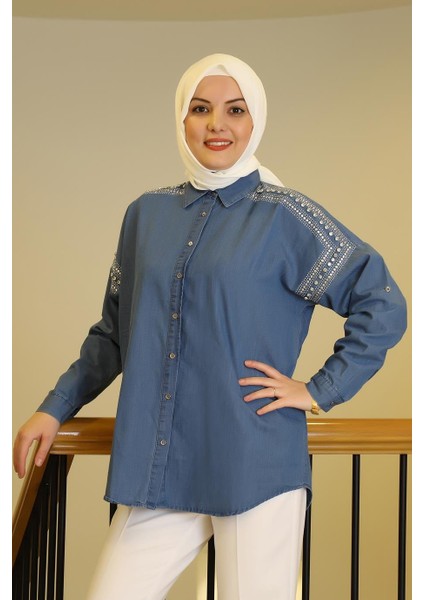 Kot Omuzları Taşlı Mavi Kadın Gömlek 4804-2Y5