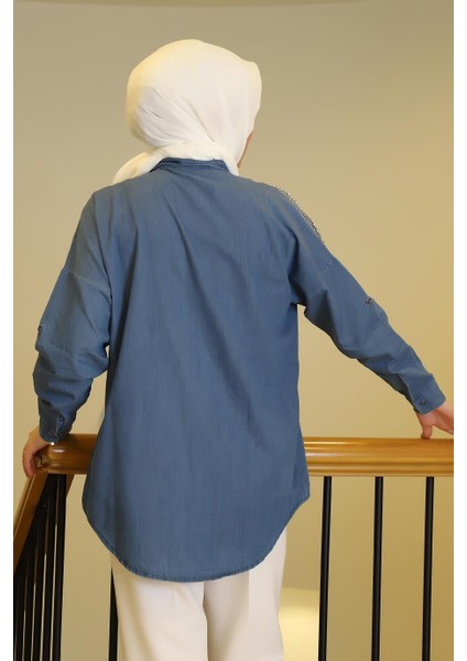 Kot Omuzları Taşlı Mavi Kadın Gömlek 4804-2Y5 modelleri