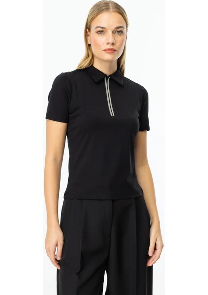 Yakası Taşlı ve Fermuarlı Siyah Kadın Bluz 51382-2Y5