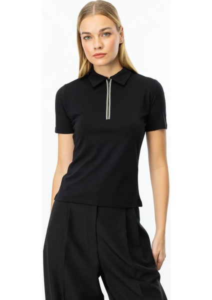 Yakası Taşlı ve Fermuarlı Siyah Kadın Bluz 51382-2Y5 fiyatları