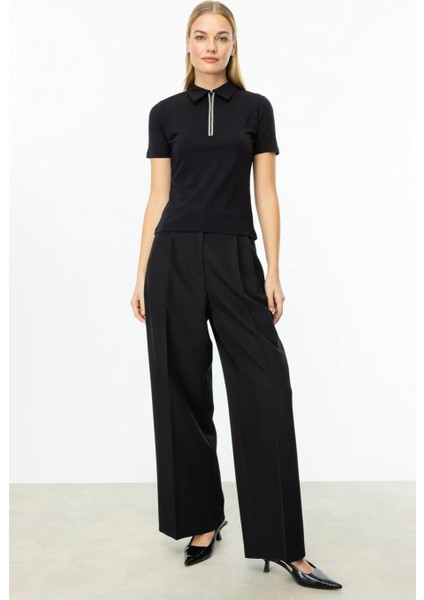 Yakası Taşlı ve Fermuarlı Siyah Kadın Bluz 51382-2Y5 modelleri