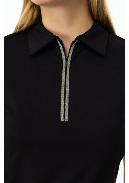 Yakası Taşlı ve Fermuarlı Siyah Kadın Bluz 51382-2Y5 fırsatları