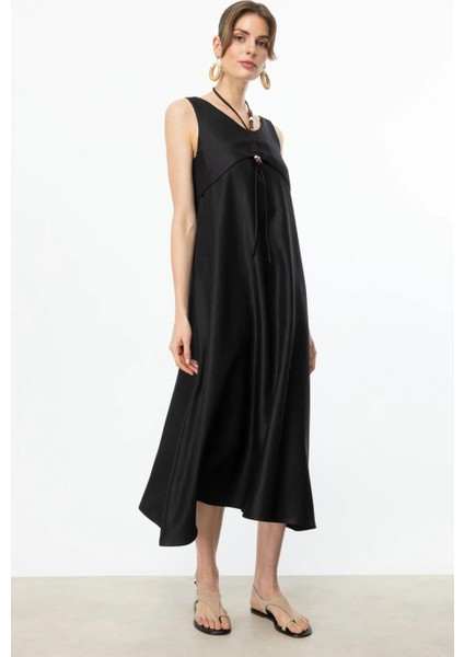 Boncuk Süslü Volanlı Maxi Siyah Kadın Elbise S 5220-2Y5