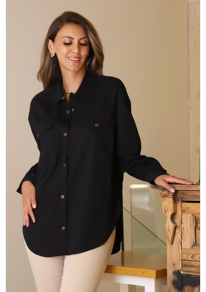 Uzun Kollu Siyah Kadın Gömlek Oya-2y5