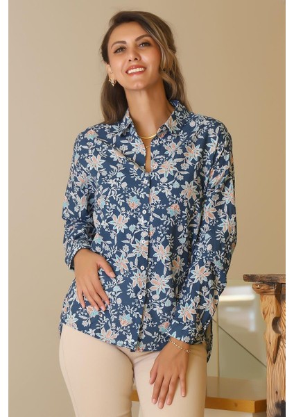 Çiçek Desenli Uzun Kollu Laci Kadın Gömlek 4119-2Y5