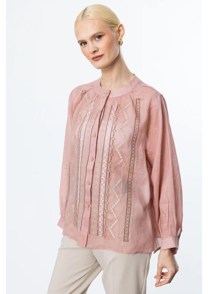 Önü Nakışlı Pembe Keten Kadın Bluz 3928-2Y5